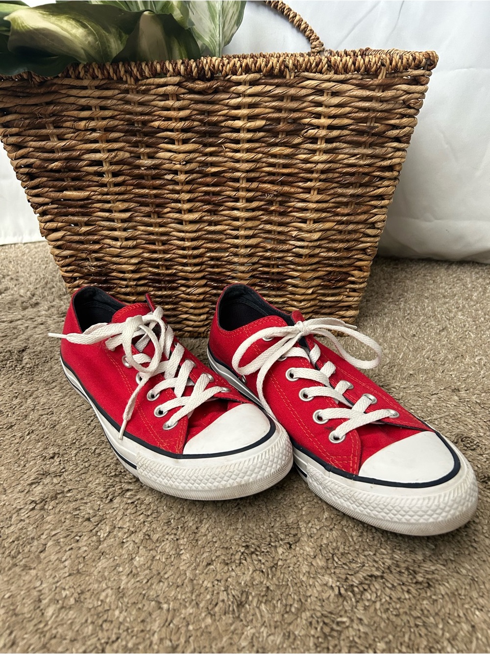 Bright Red Low-Top Canvas Sneakers with White Laces